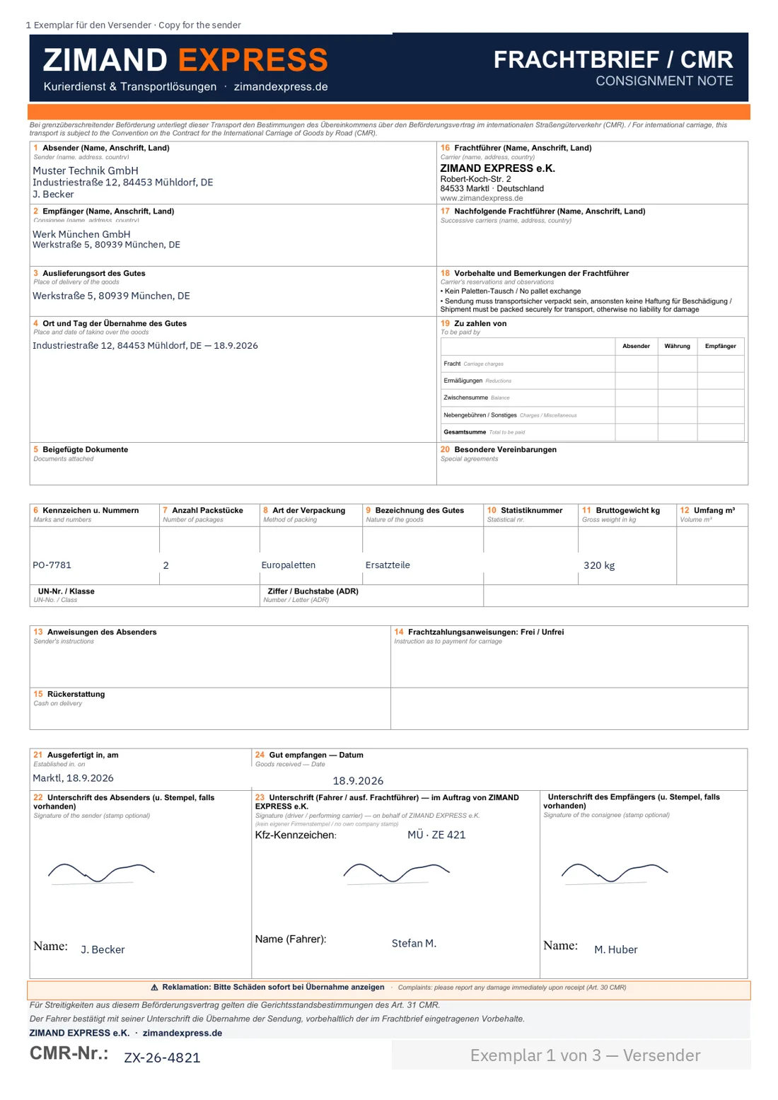 Beispiel eines ausgefüllten CMR-Frachtbriefs